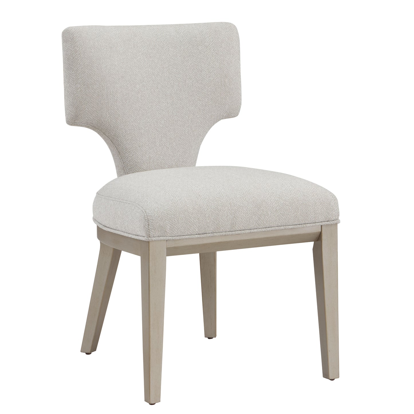 Light beige upholstered dining chair with carved wood legs and a curved backrest