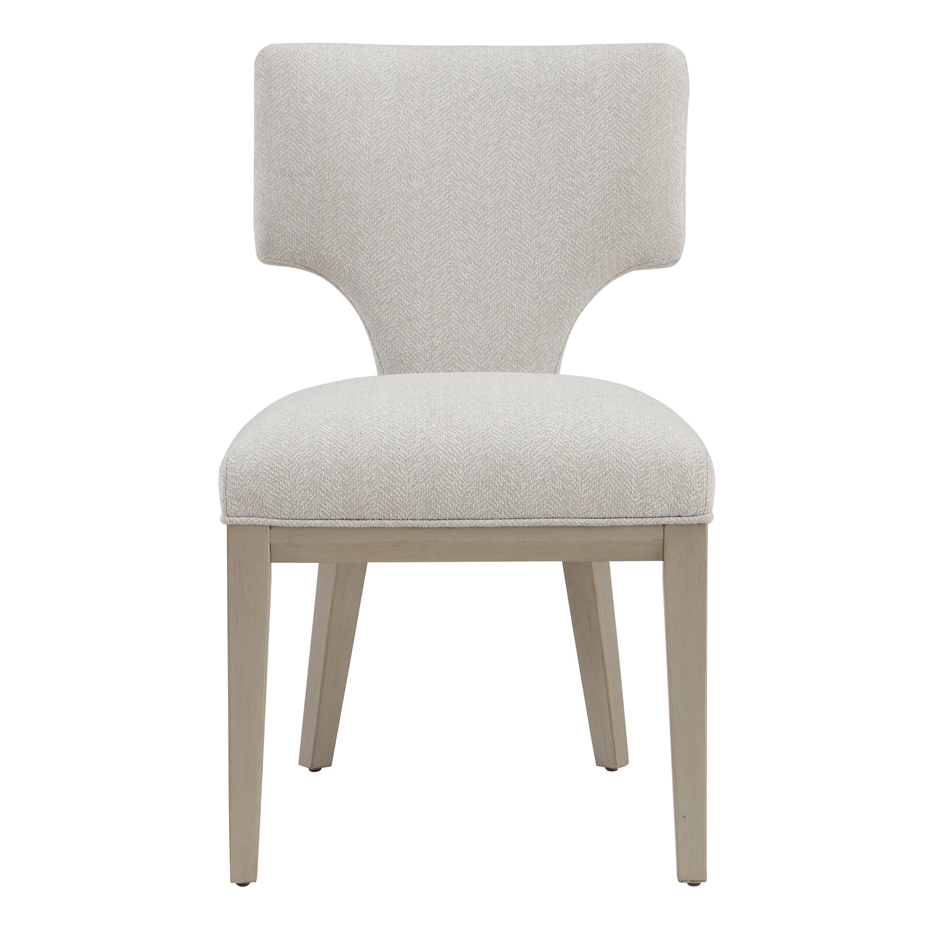 Light beige upholstered dining chair with distinctive curved backrest and subtle herringbone pattern