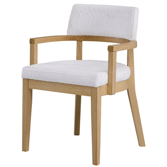 Modern oak armchair with plush white boucle upholstery perfect for living rooms