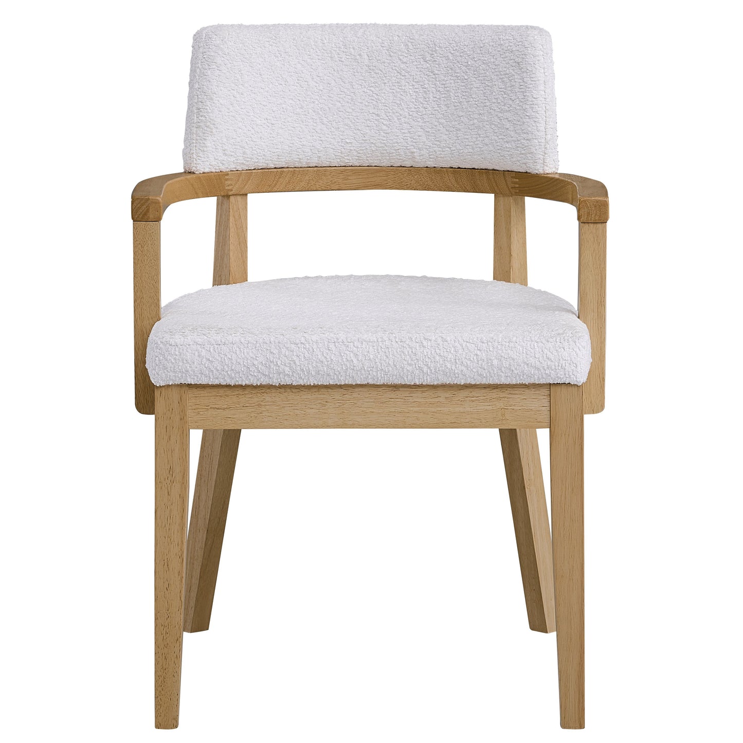 Light oak armchair with textured white boucle upholstery and wooden arms