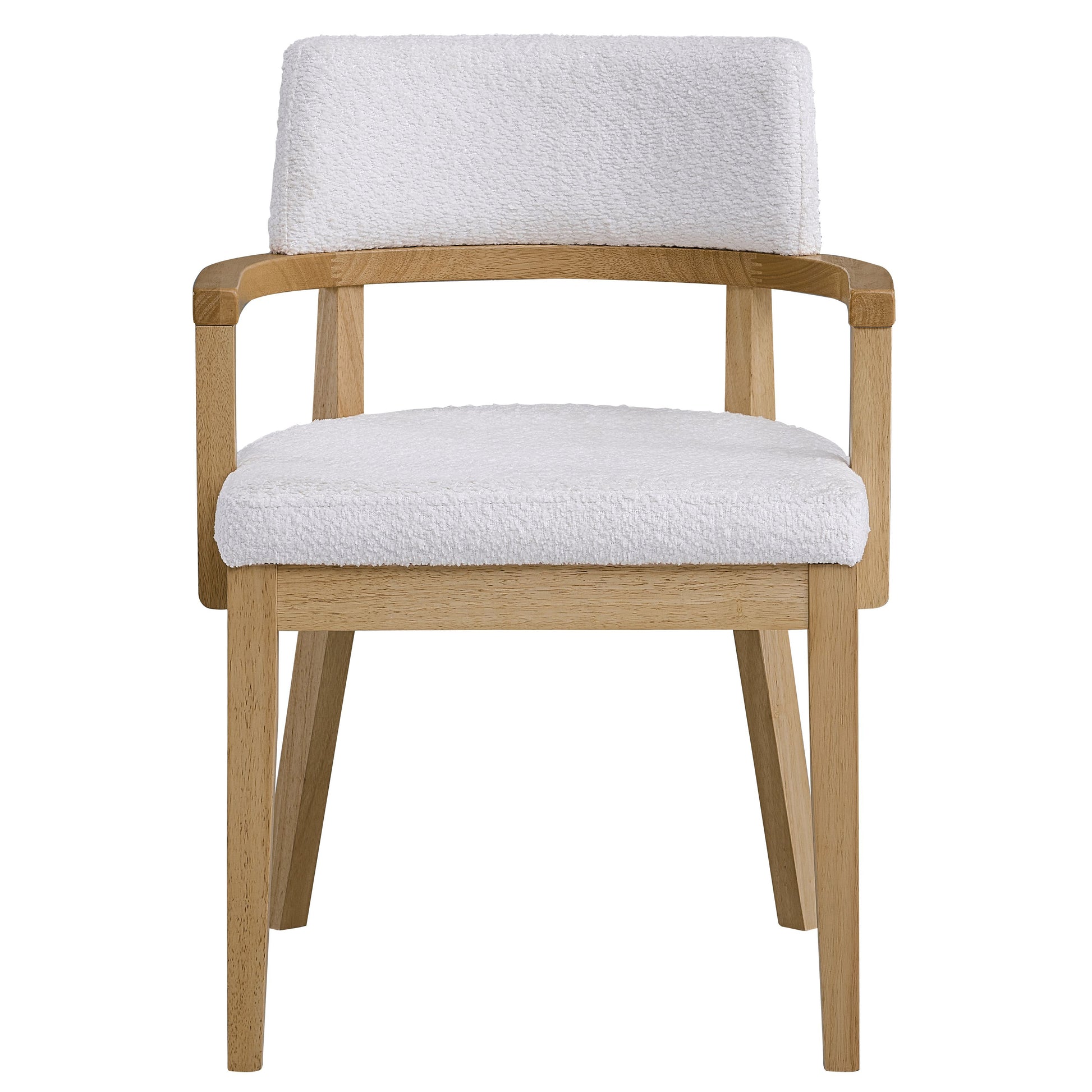 Light oak armchair with textured white boucle upholstery and wooden arms