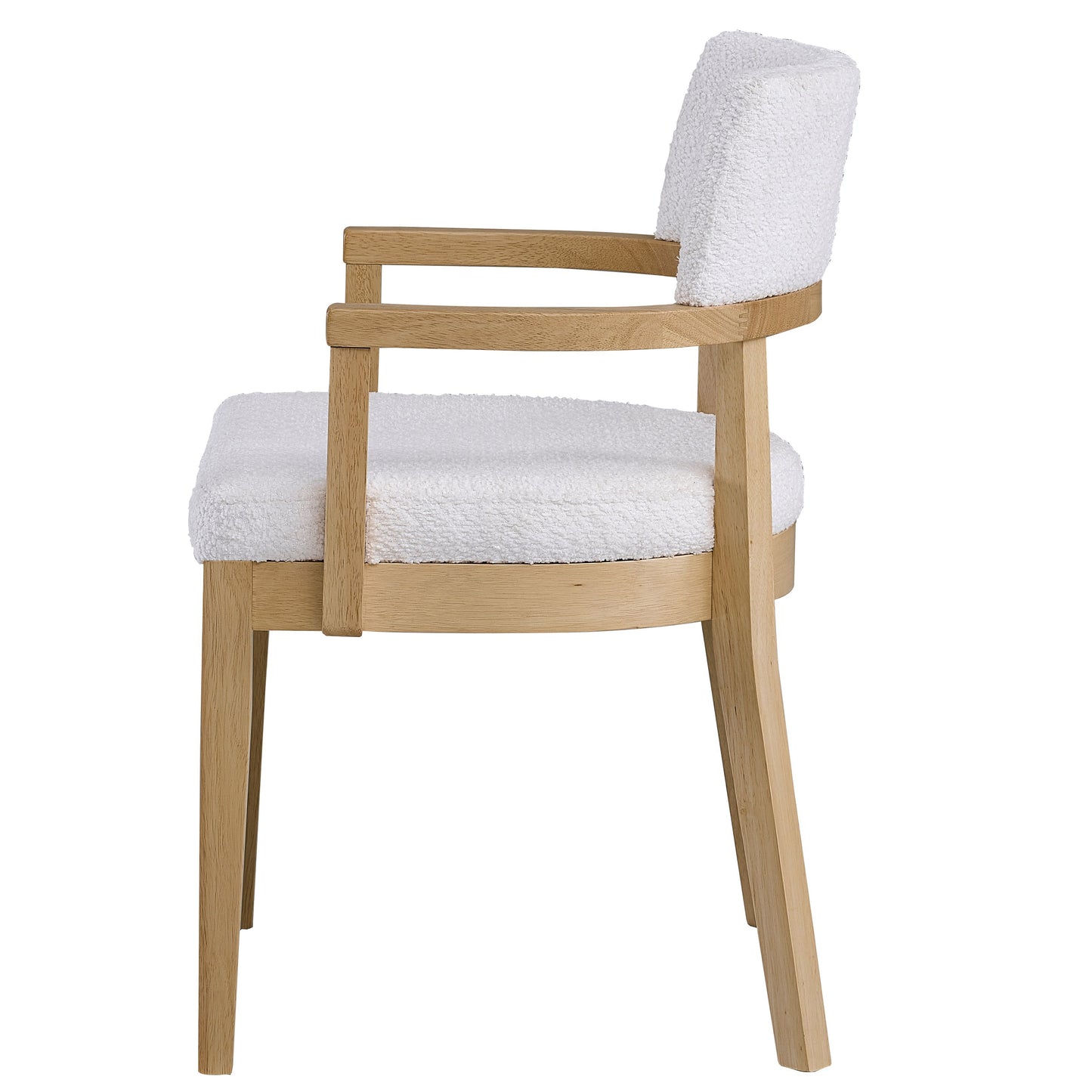 White boucle armchair with light oak wood frame and armrests modern accent chair