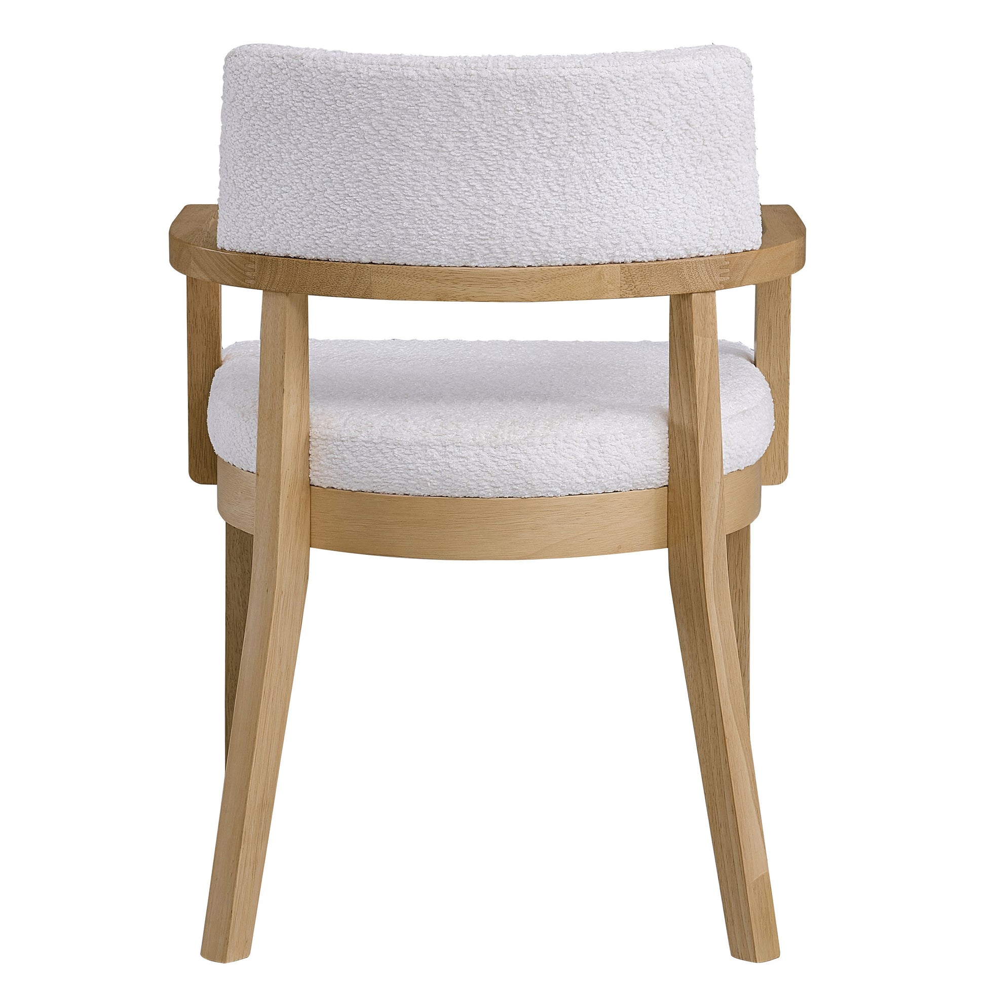 White boucle fabric armchair with natural oak wood frame modern accent chair