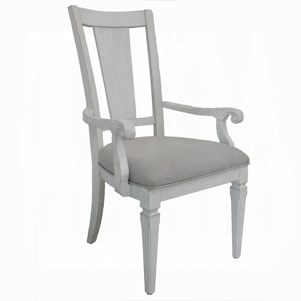 White distressed wood armchair with grey upholstered seat for dining