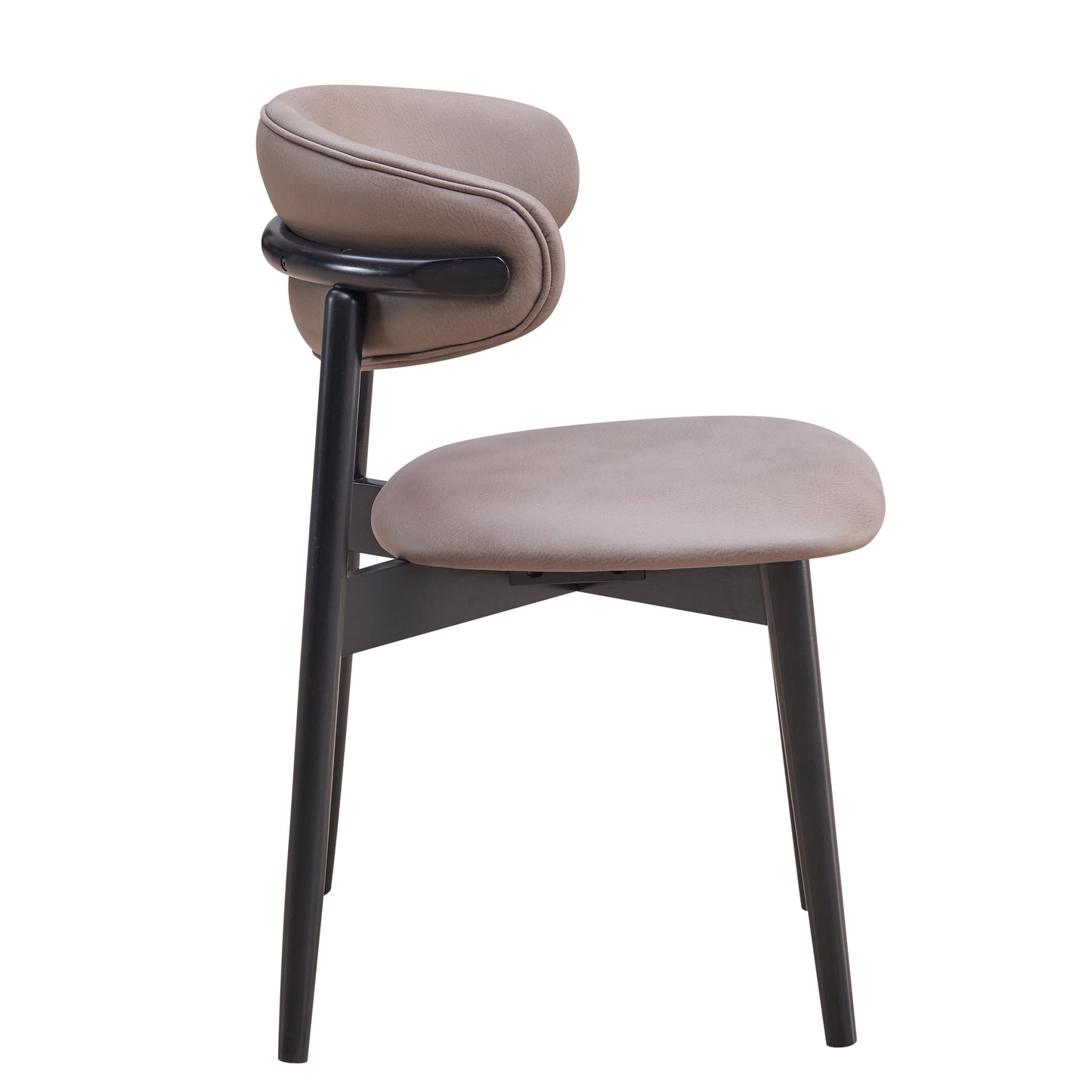 Modern grey faux leather accent chair with black wooden legs and a curved backrest