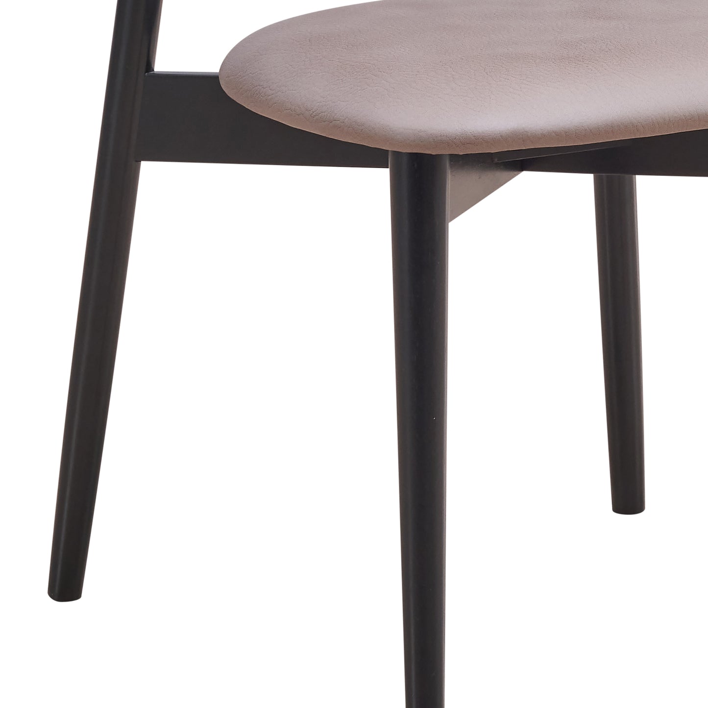 Modern dining chair with a taupe upholstered seat and black wooden legs