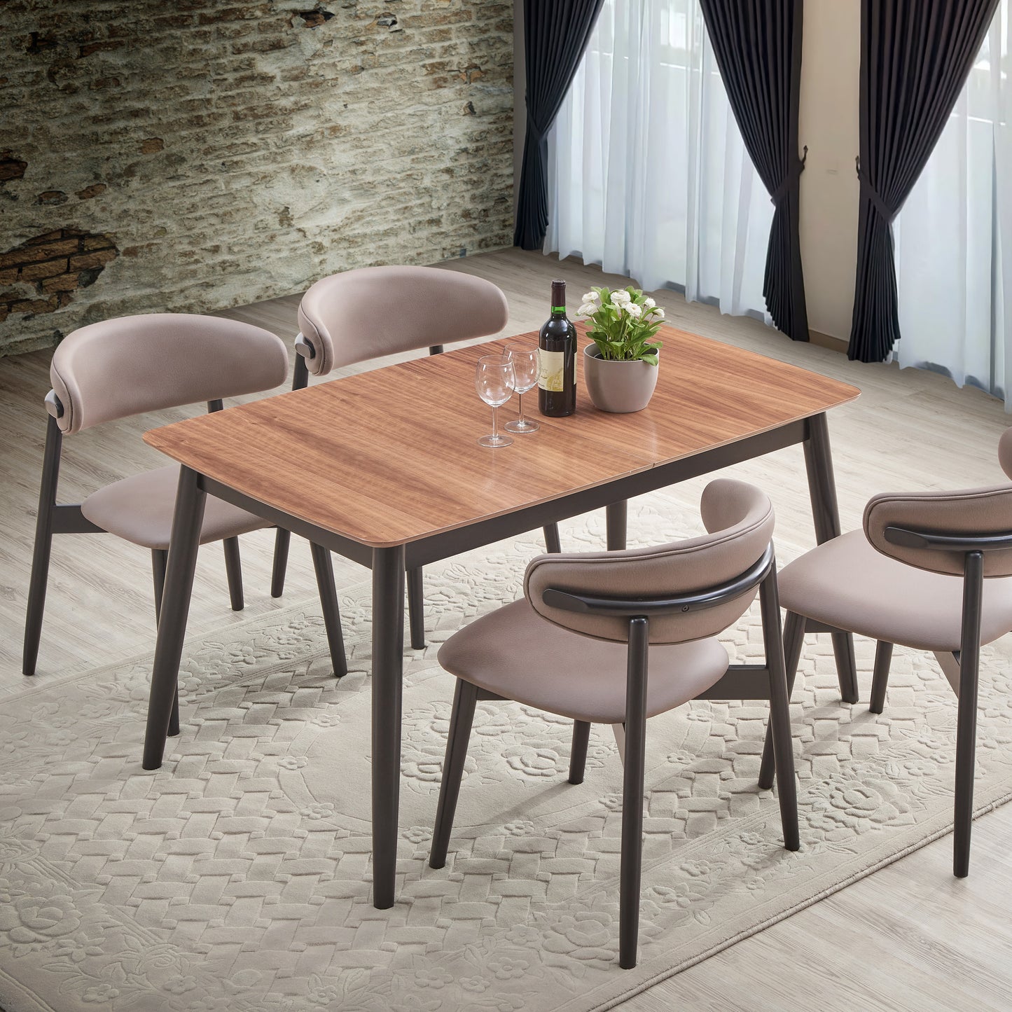 Modern dining set with a woodgrain table and four upholstered chairs