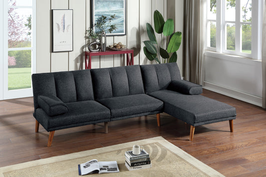 Dark gray fabric sectional sofa with tufted cushions and tapered wooden legs perfect for modern living rooms
