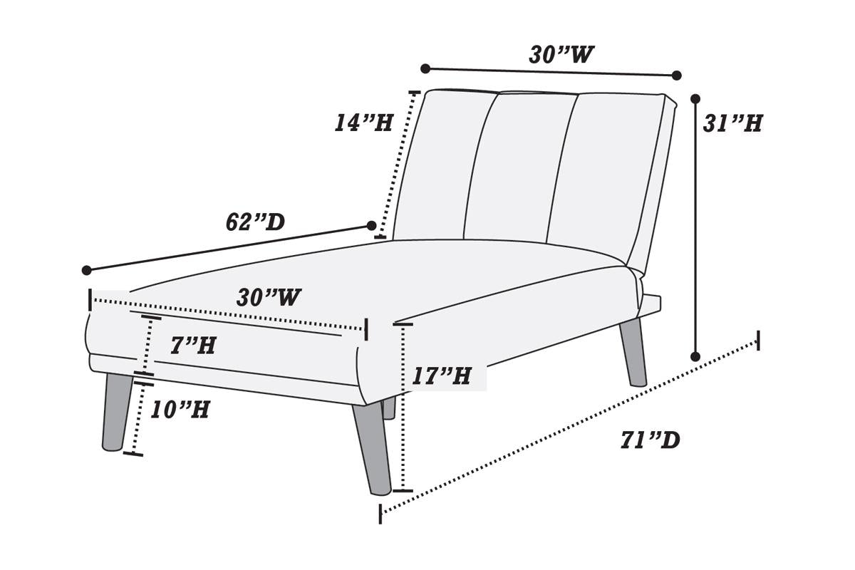 Sleek chaise lounge with dimensions indicated for width depth and height ideal for modern living spaces