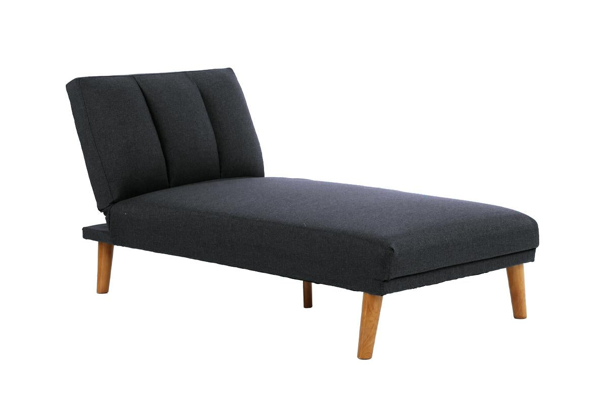 Dark grey chaise lounge with channeled back and wooden legs