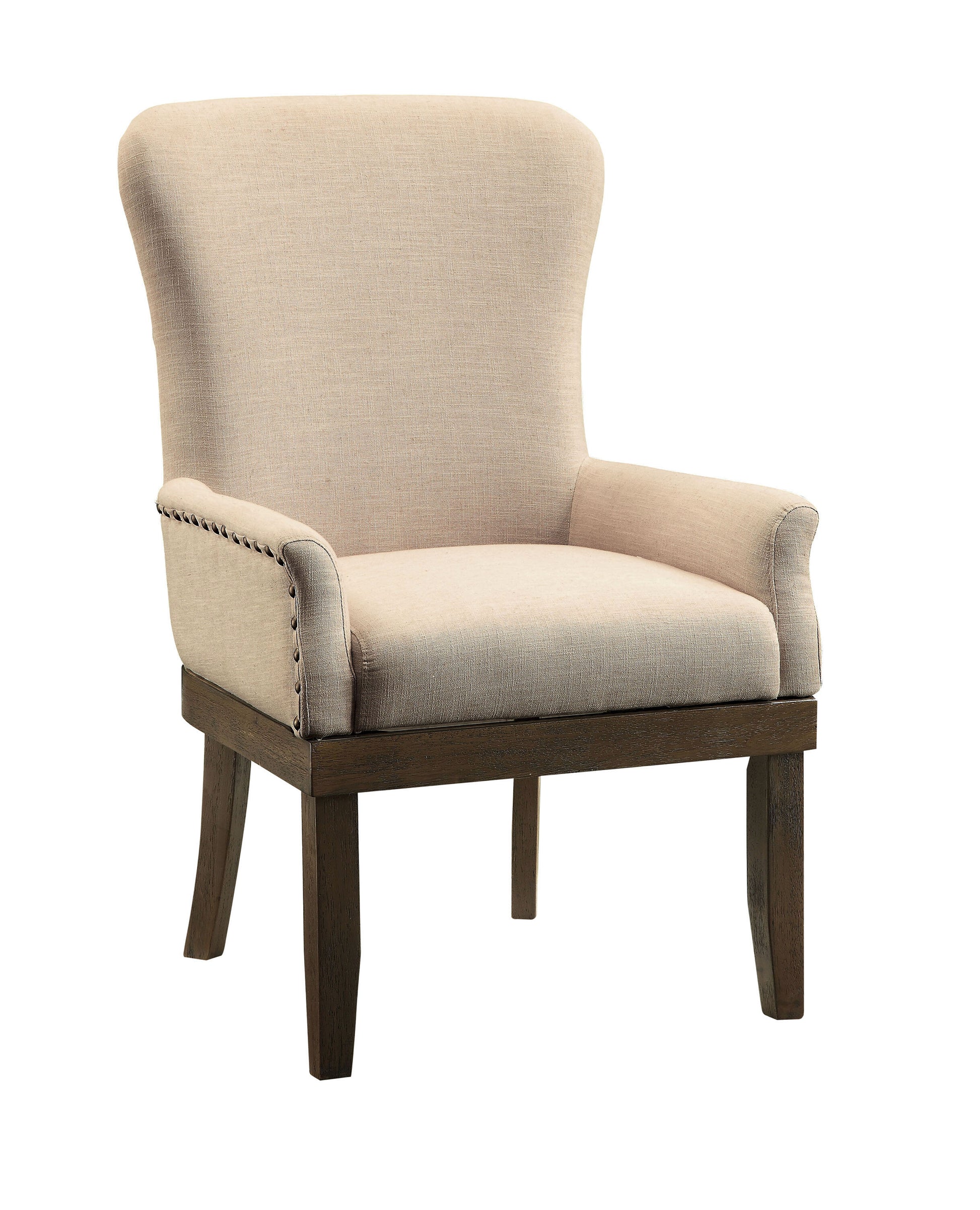 Beige linen wingback accent chair with dark wood legs and decorative nailhead trim