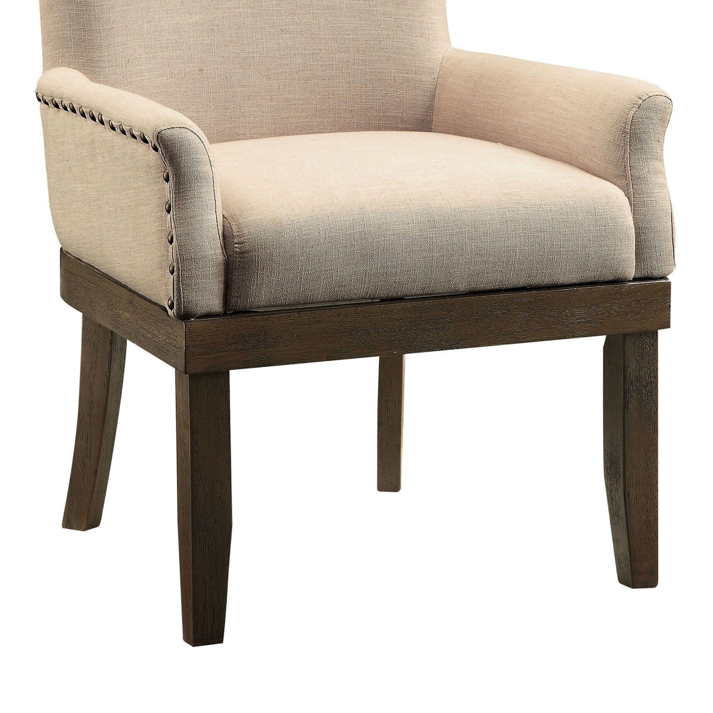 Beige linen upholstered accent chair with decorative nailhead trim and dark wood legs