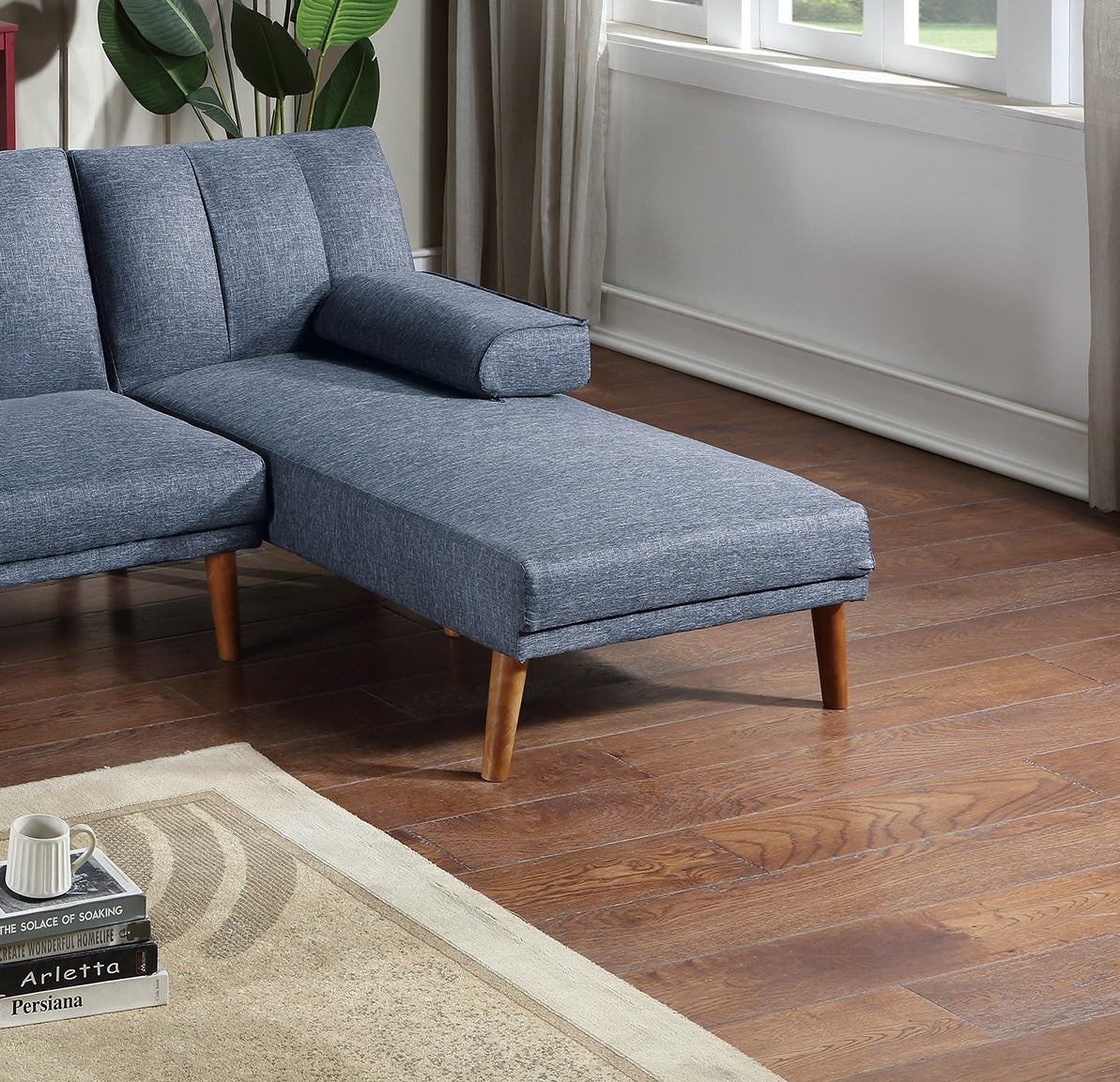 Blue linen sectional sofa with chaise lounge and wooden legs