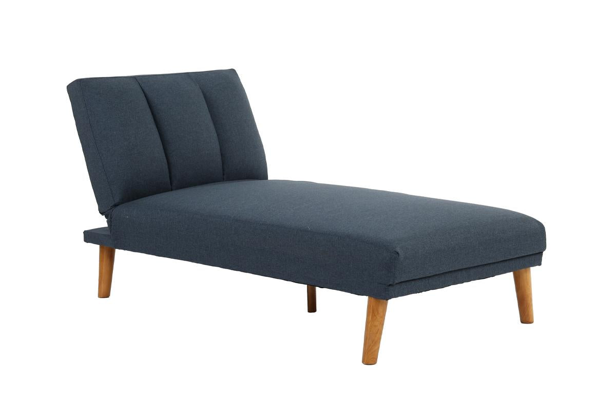 Dark blue fabric chaise lounge with tufted backrest and wooden legs
