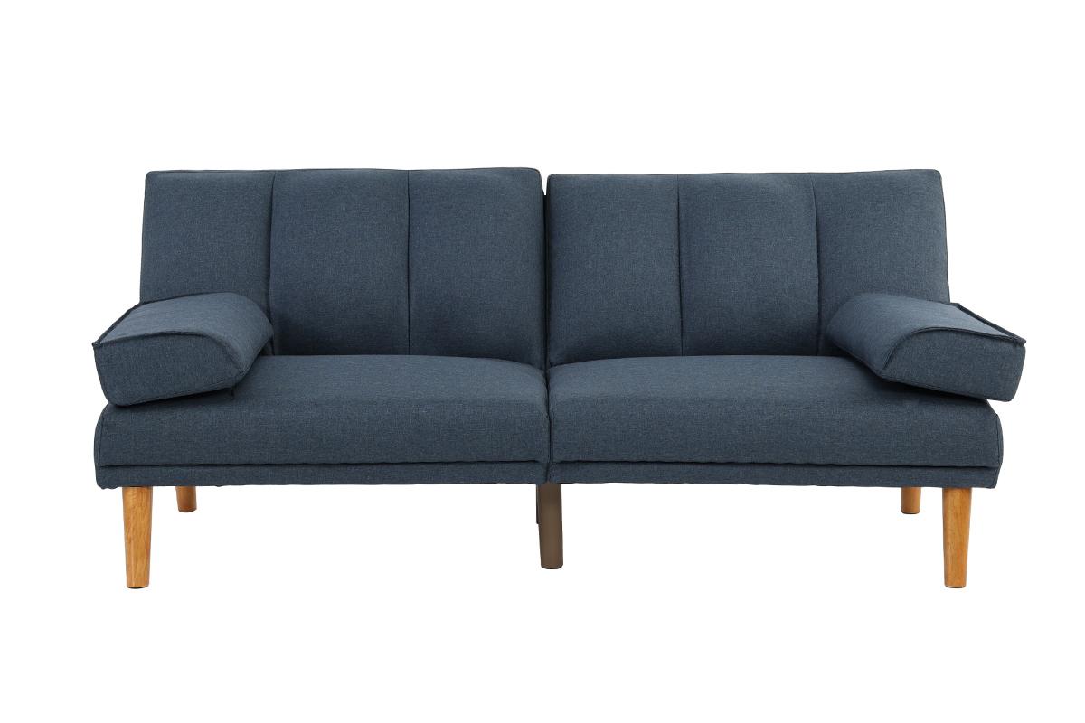 Dark blue upholstered futon sofa with plush armrests and wooden legs for small living spaces