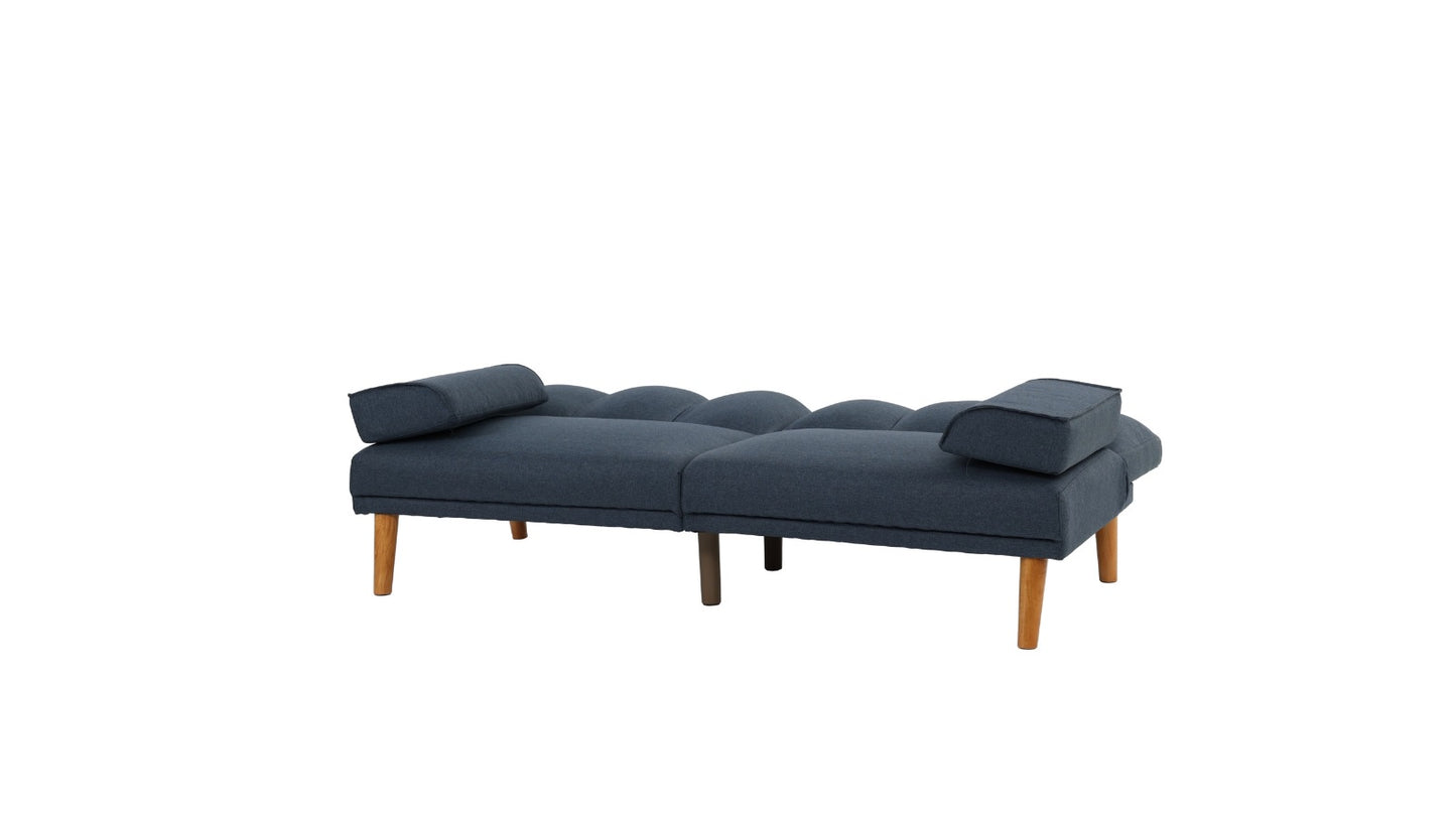 Dark blue upholstered futon sofa with tufted back cushions and wooden legs