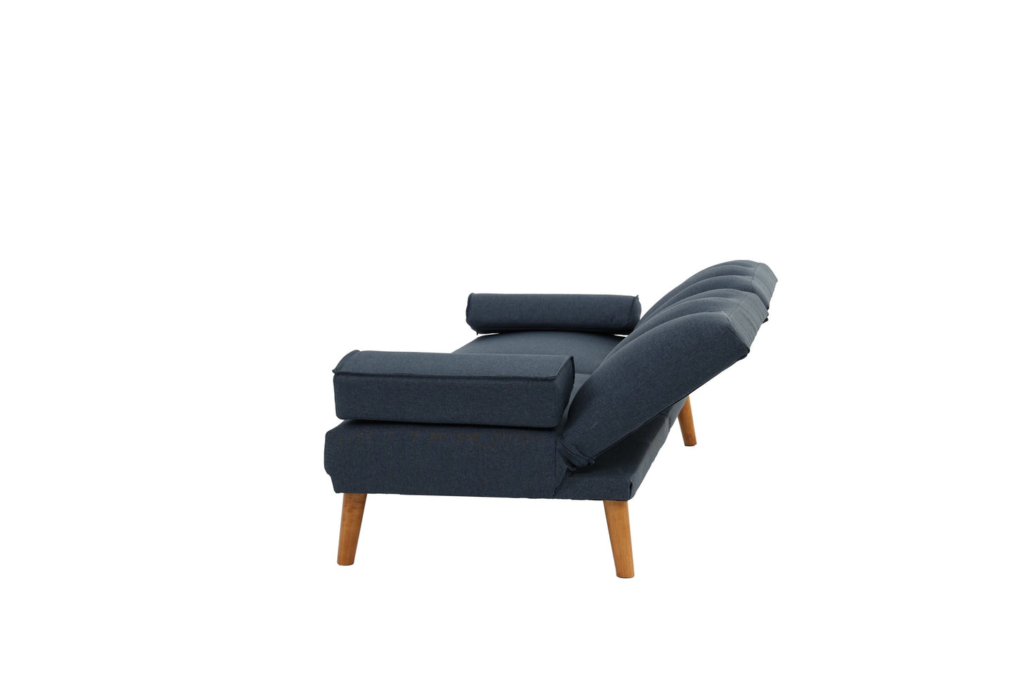 Dark grey fabric sofa with wooden legs and a tufted back for modern living room comfort