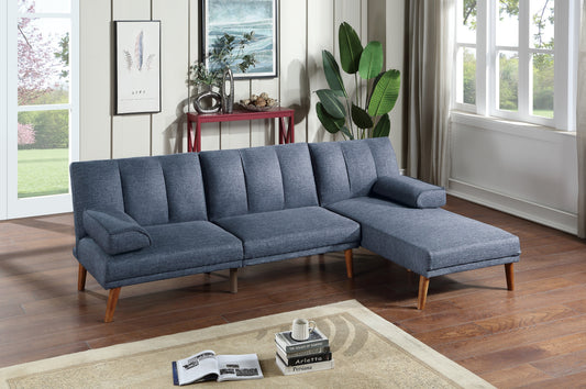 Navy blue fabric sectional sofa with tufted cushions and wooden legs perfect for modern living rooms
