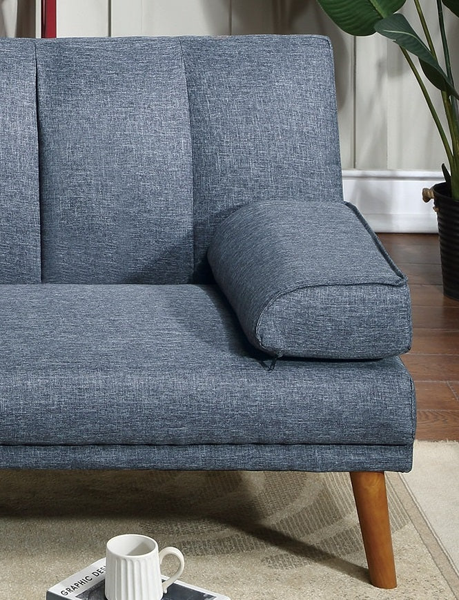 Textured navy blue fabric sofa with tufted back and wooden legs