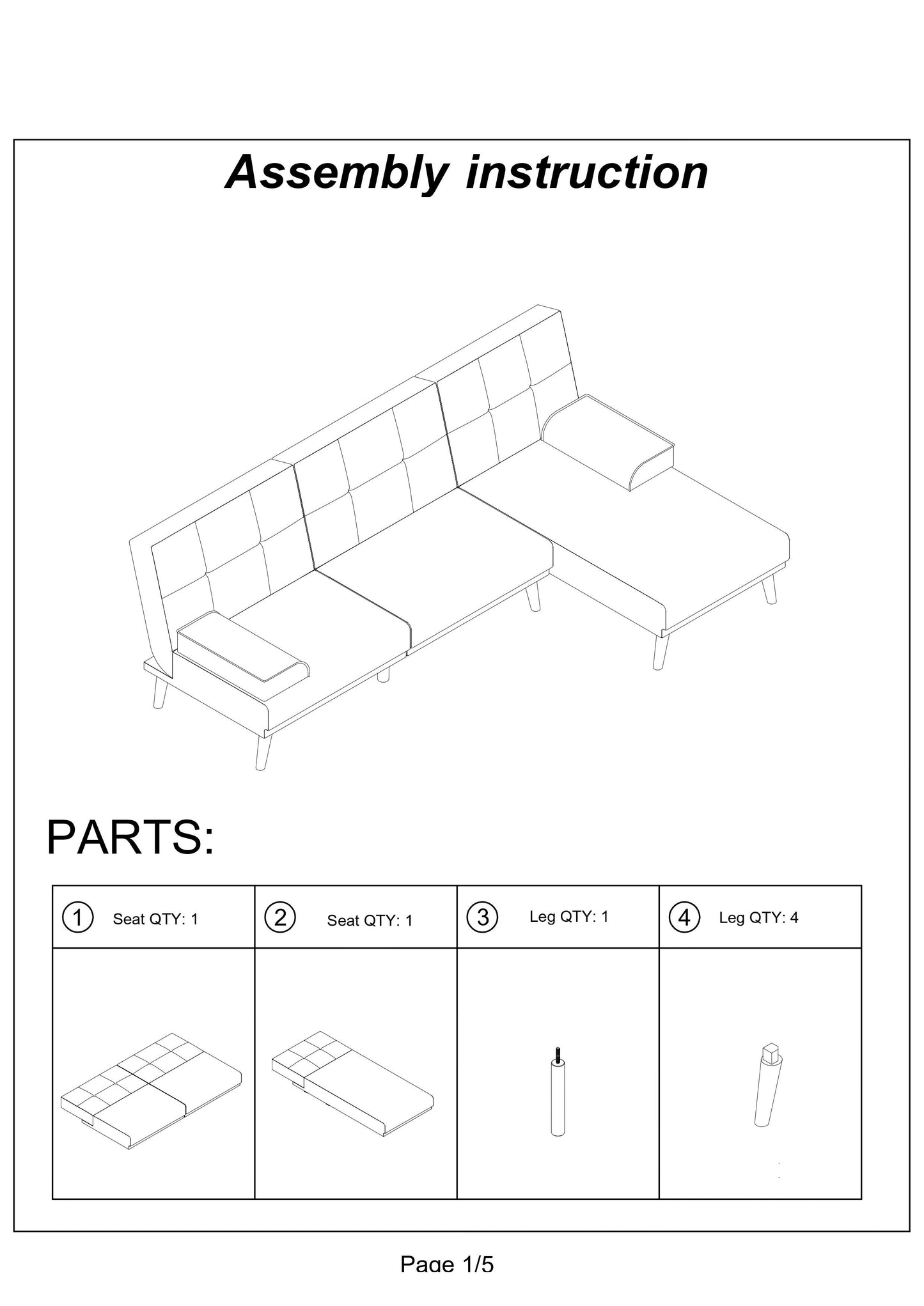 Diagram of sectional sofa parts two seat cushions and four legs
