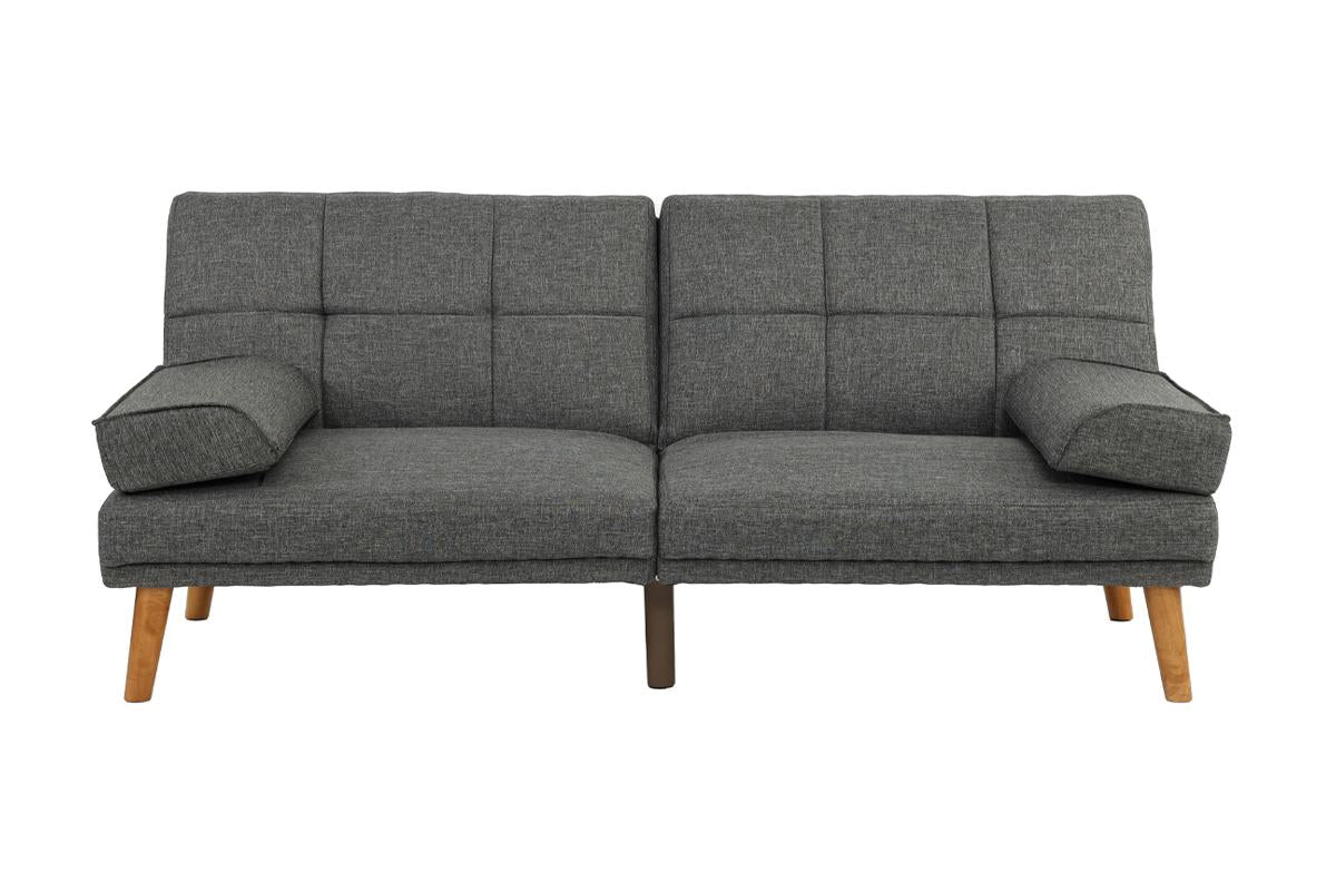Tufted grey fabric futon sofa with wooden legs ideal for small spaces