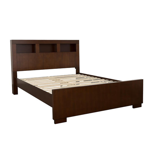 Dark wood platform bed with bookcase headboard and slat system queen size