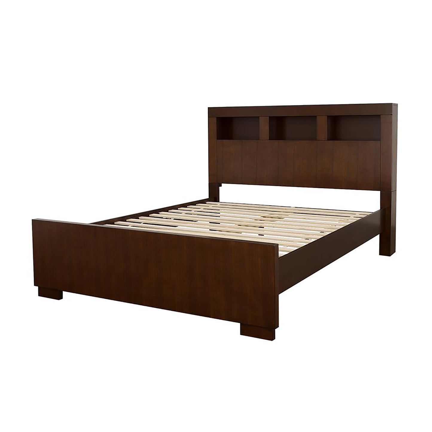 Dark brown wood platform bed with builtin headboard storage shelves