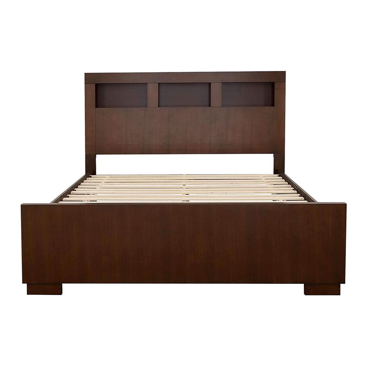Modern platform bed frame in rich espresso wood finish with horizontal headboard paneling