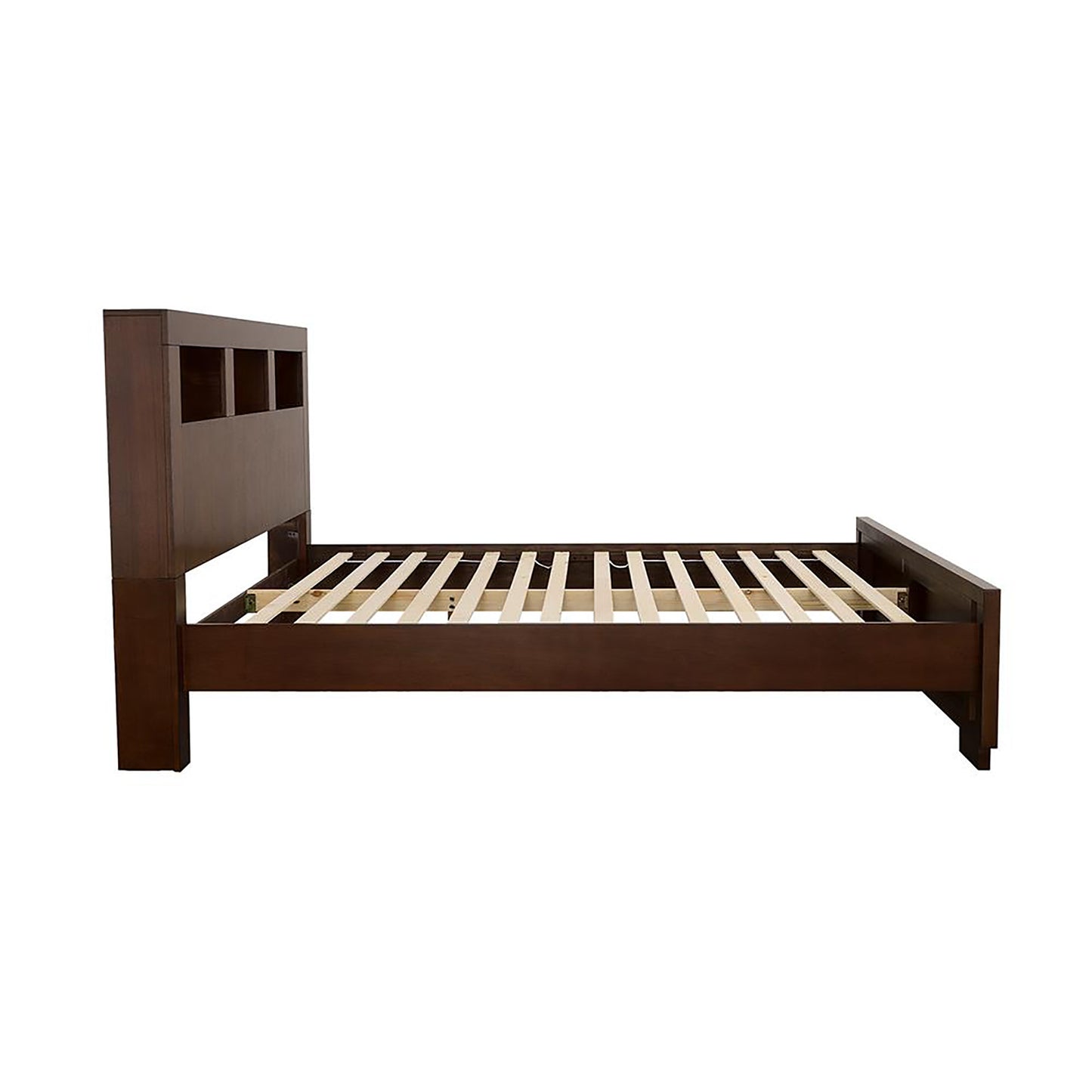 Dark wood platform bed with integrated headboard shelving king size