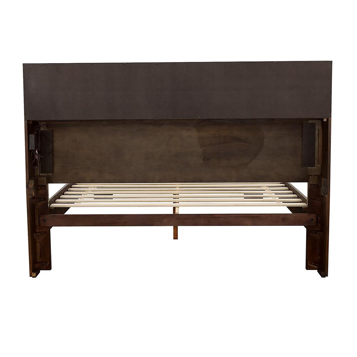 Dark wood platform bed frame with slatted support system