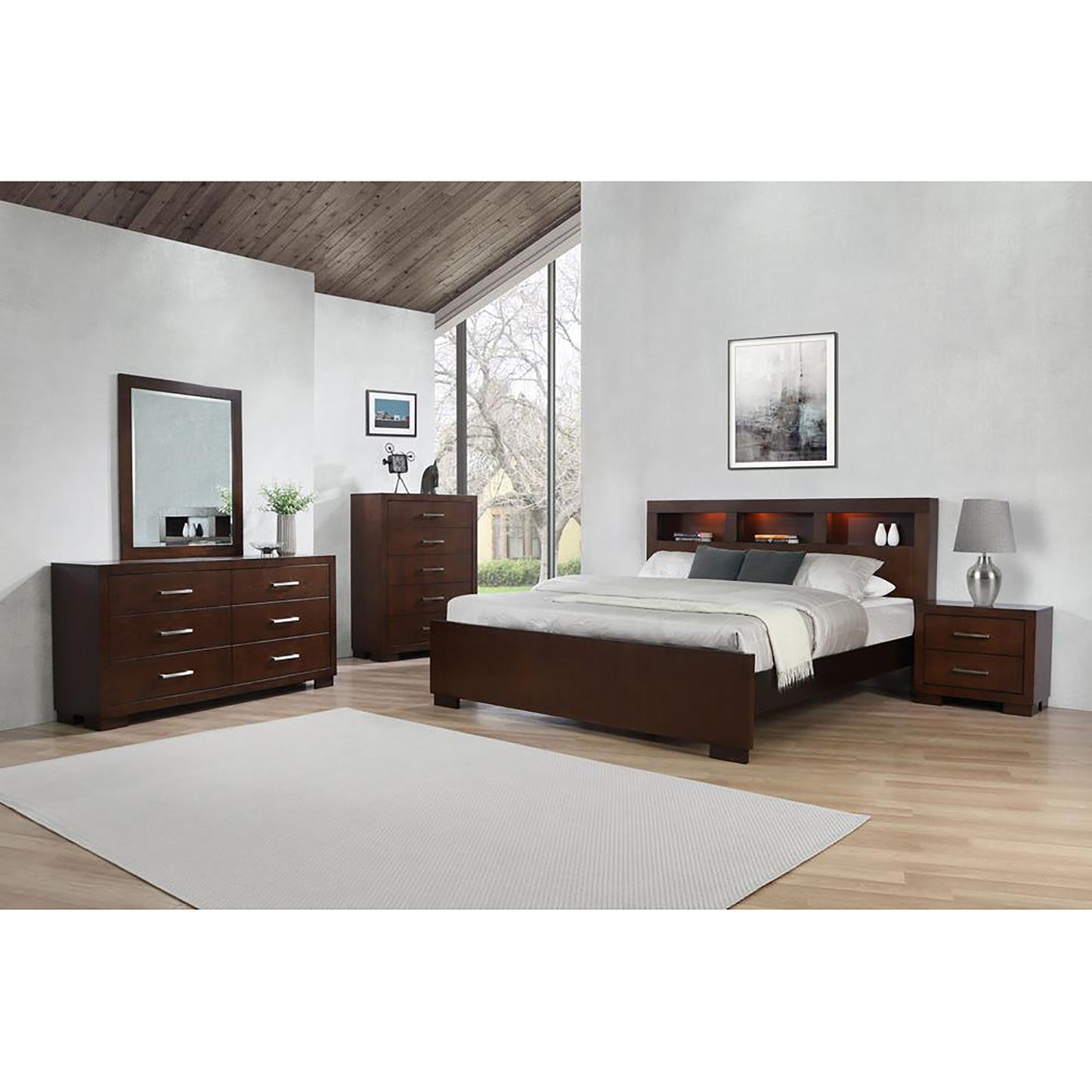 Dark brown wood dresser with six drawers and a silverhandled mirror