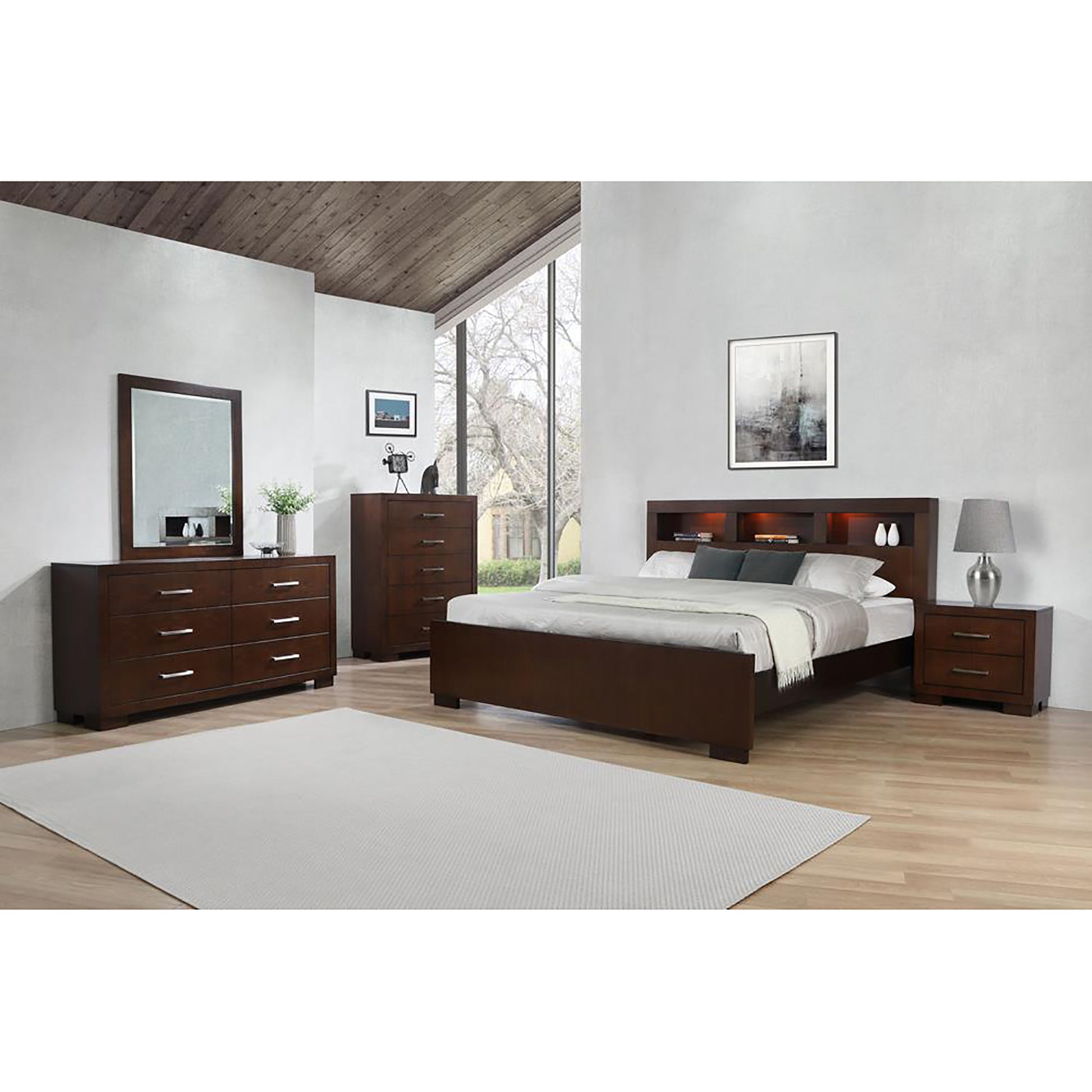 Dark brown wood dresser with six drawers and a silverhandled mirror