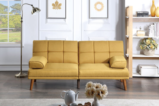 Yellow fabric sofa bed with tufted back cushions and wooden legs perfect for small spaces