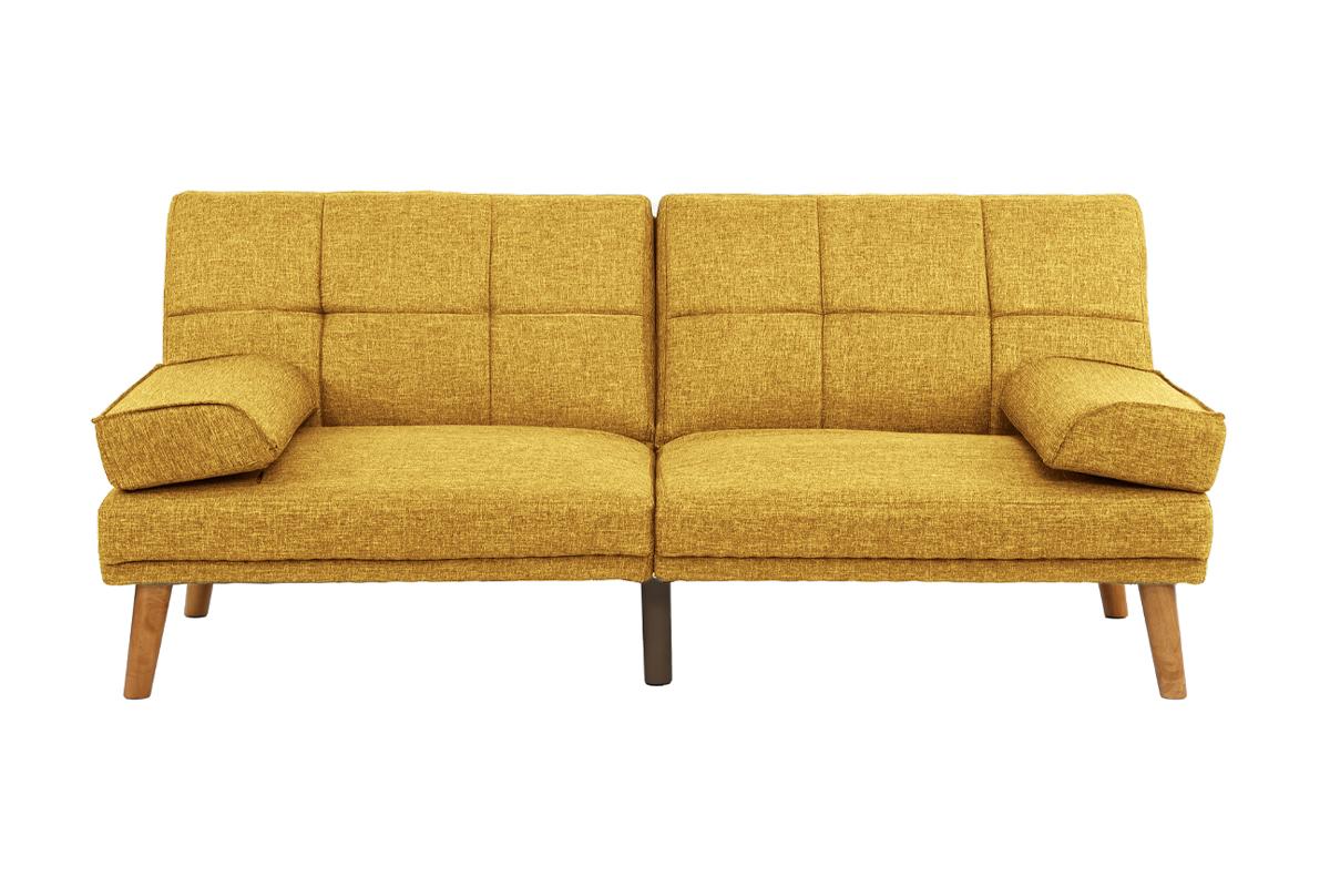 Modern yellow fabric sofa with tufted back cushions and wooden legs