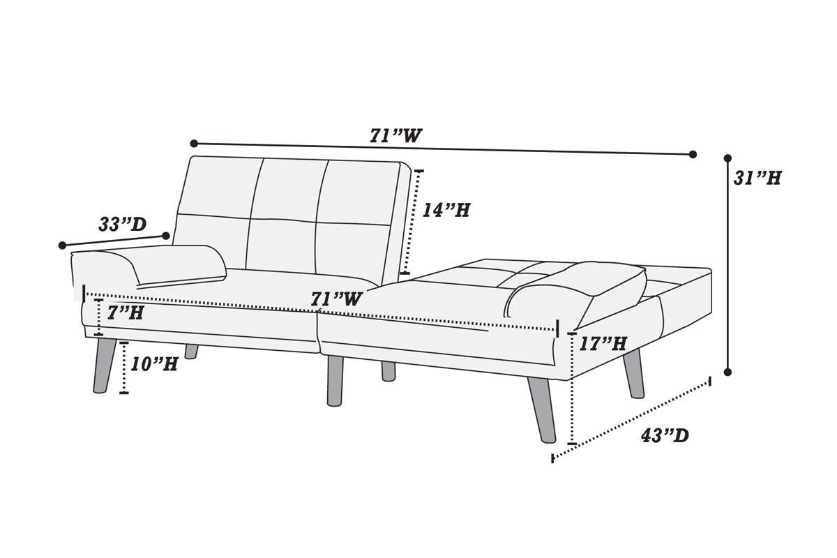 Diagram shows a grey futon sofa bed with dimensions W x D x H
