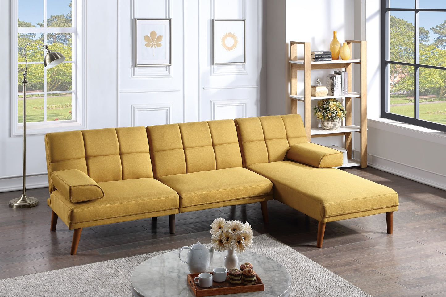 Modern yellow linen sectional sofa with tufted cushions and tapered wooden legs