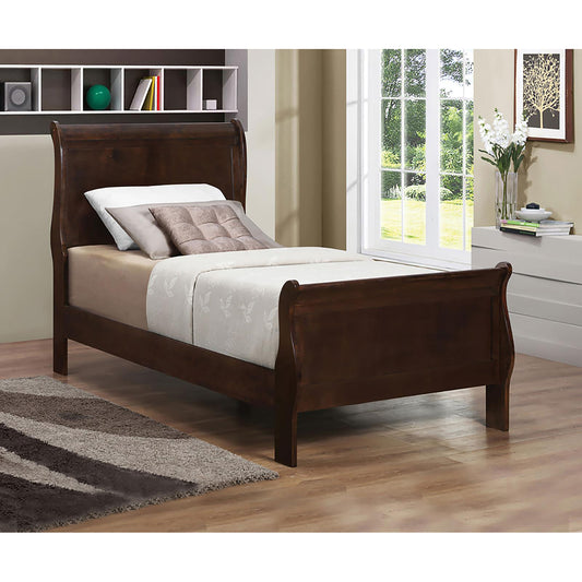 Dark brown wooden sleigh bed with a single mattress and patterned bedding