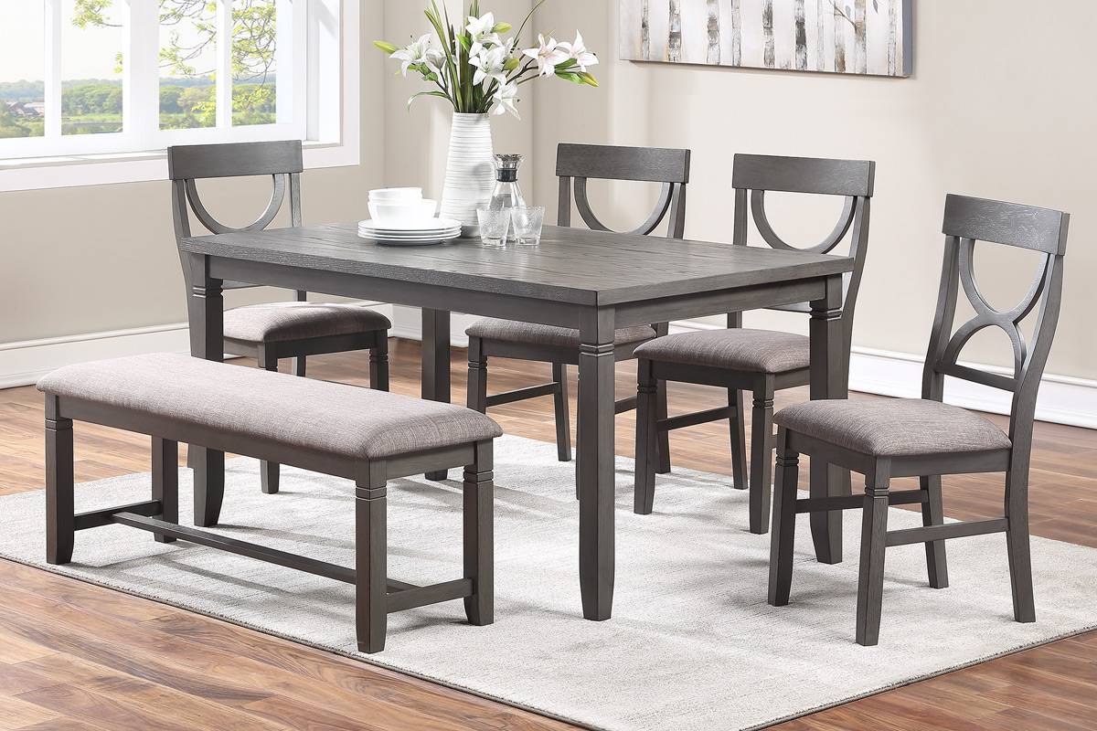 Dark gray dining set with rectangular table upholstered bench and four chairs
