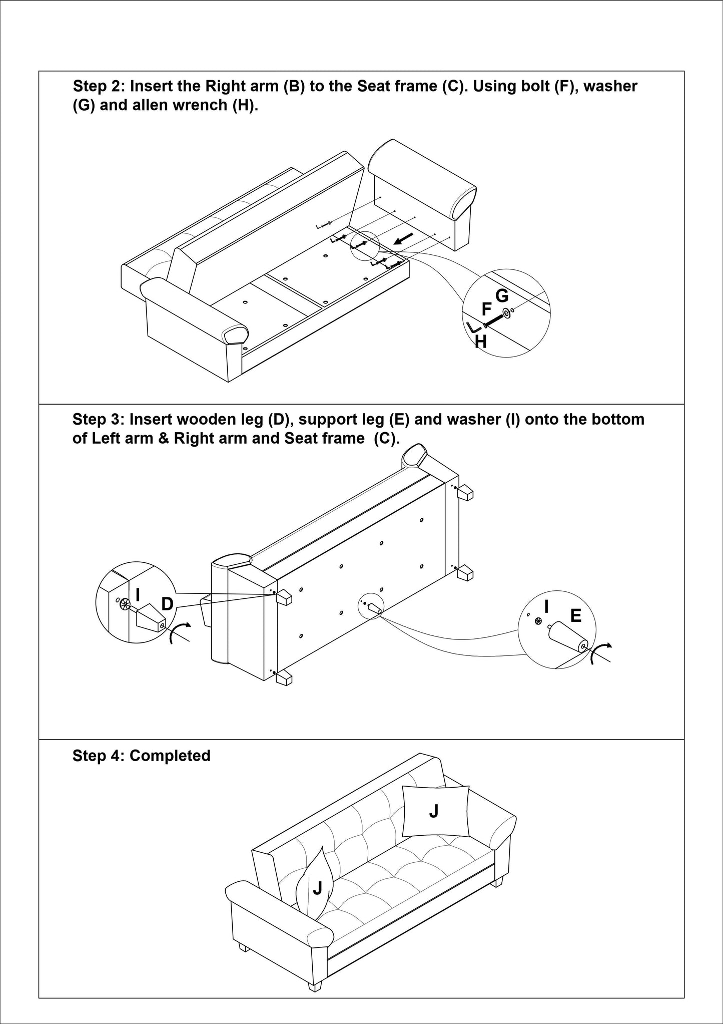Diagram showing how to attach the right arm of a sofa using a bolt washer and allen wrench