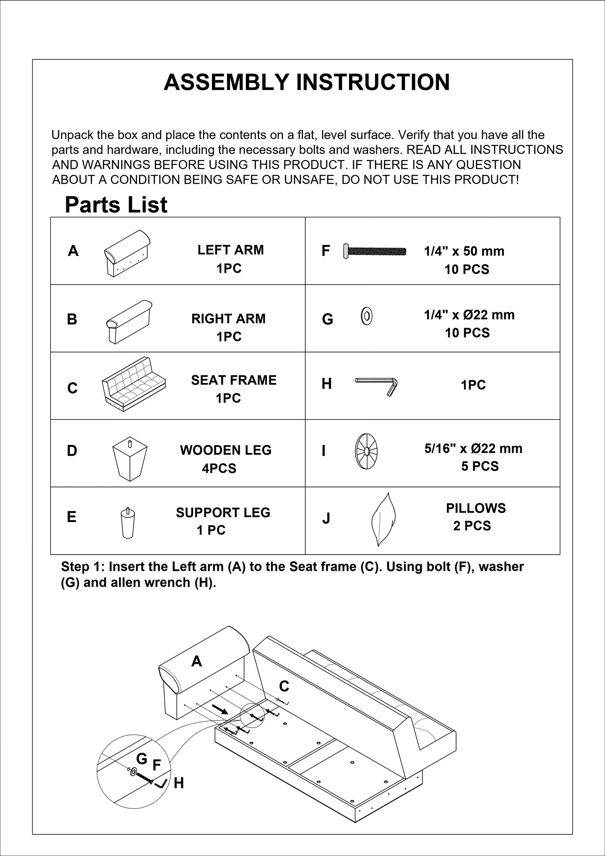 Left arm rest for sofa assembly white line drawing  piece