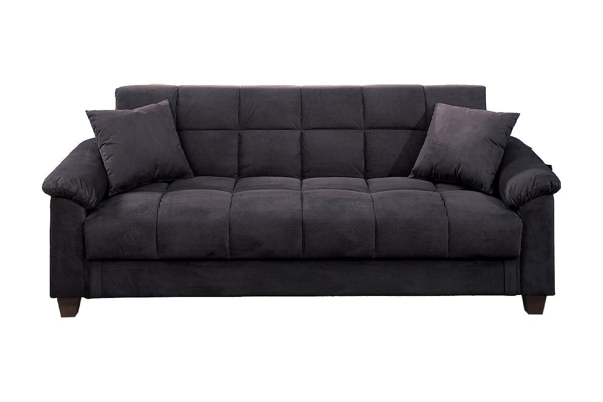 Tufted charcoal grey fabric sofa with two matching square throw pillows