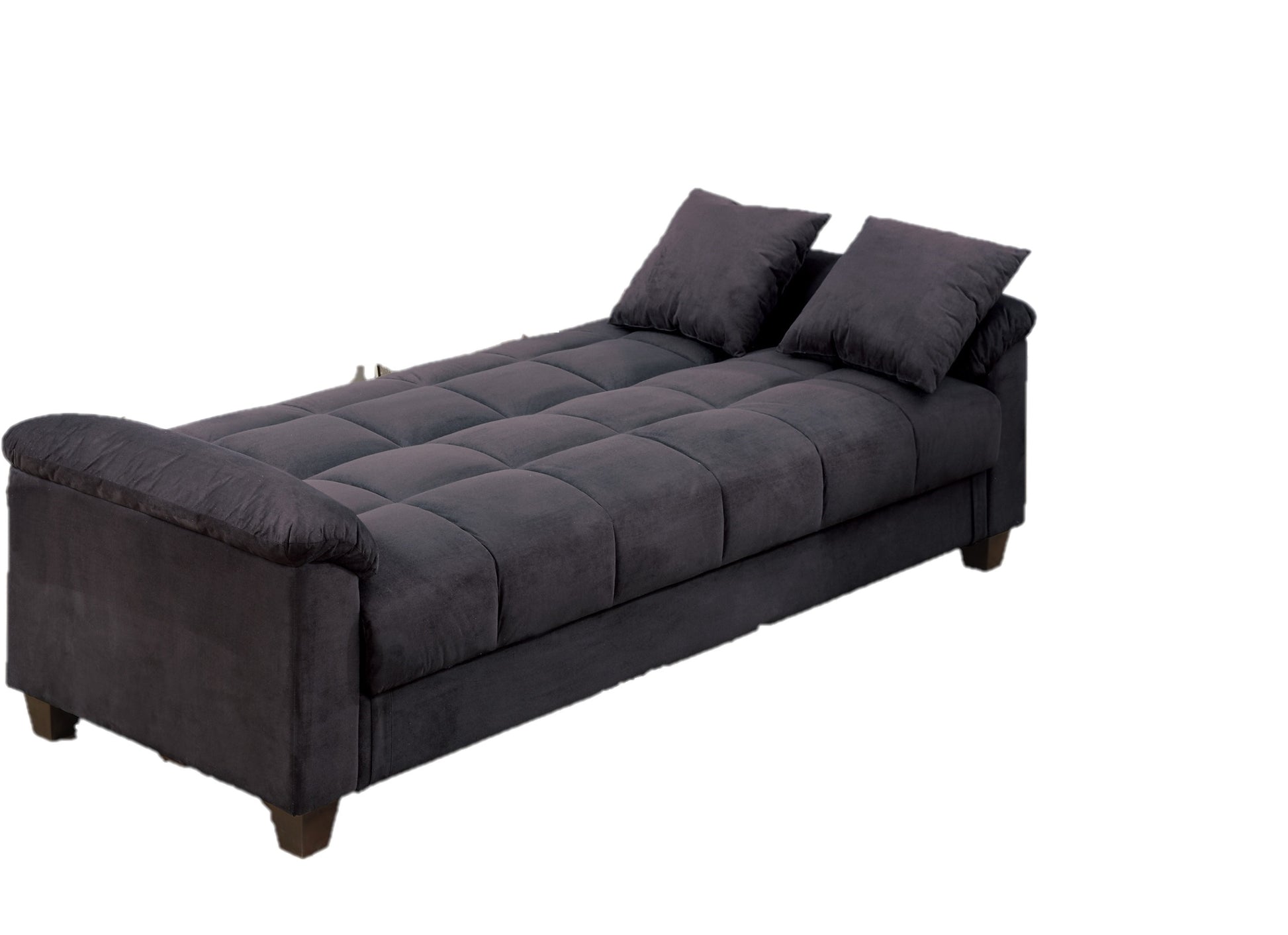 Dark gray tufted sofa bed with two matching throw pillows ideal for small spaces