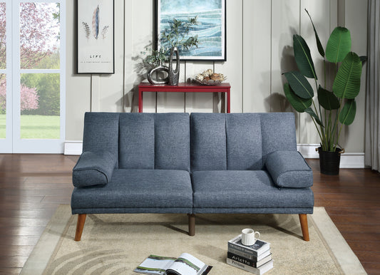 Blue fabric sofa with tufted back cushions and wooden legs perfect for living rooms
