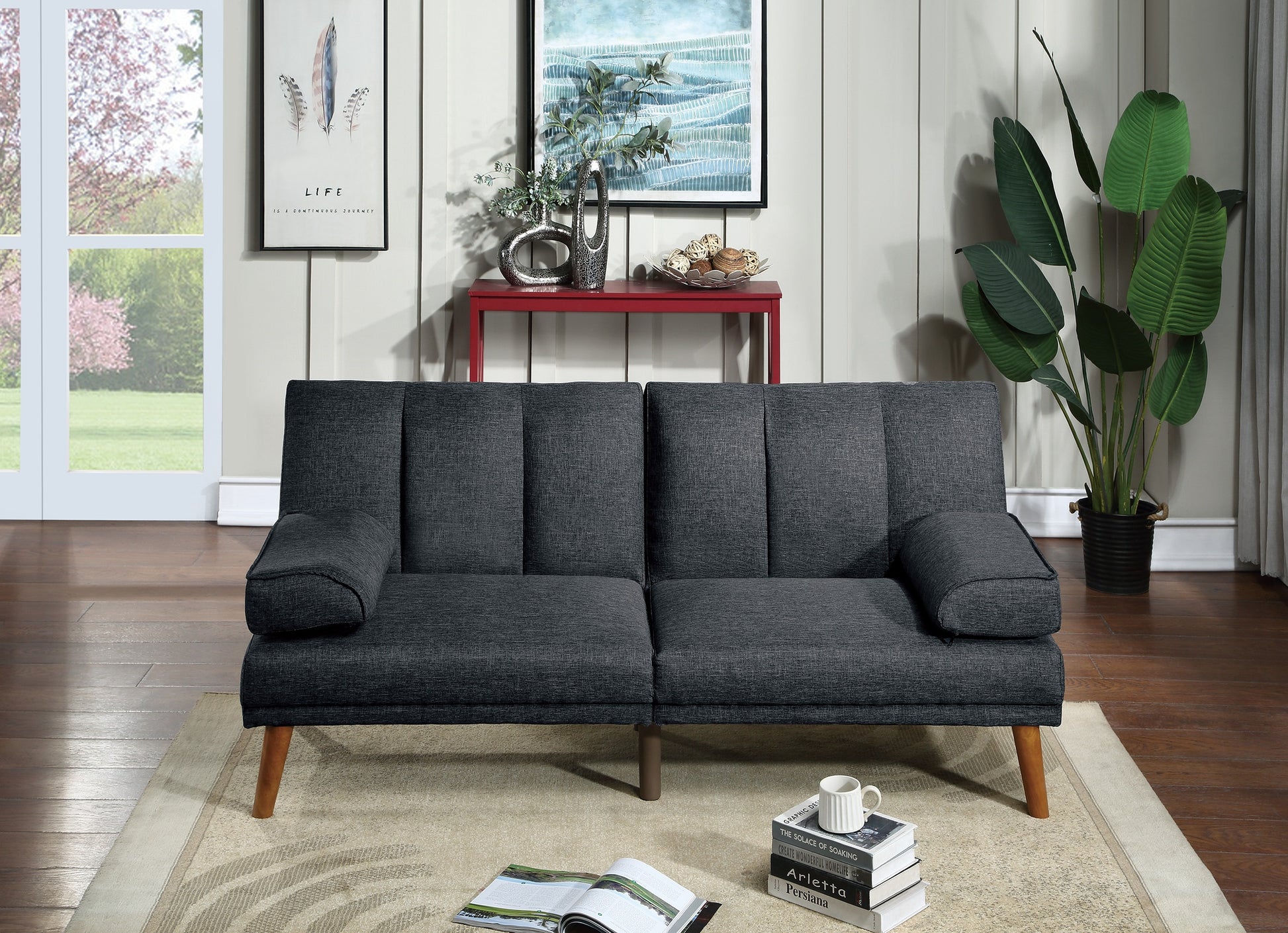 Dark gray linen futon sofa with wooden legs perfect for small apartments