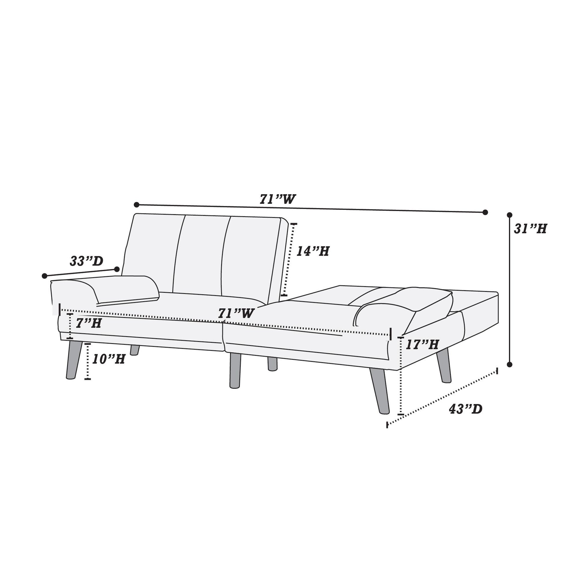 Diagram showing a W modern sofa bed with chaise dimensions clearly labeled