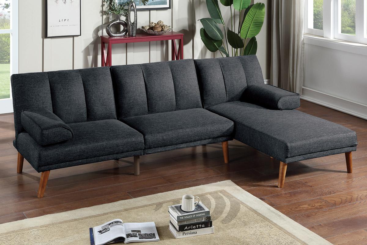 Dark gray fabric sectional sofa with wooden legs perfect for modern living rooms