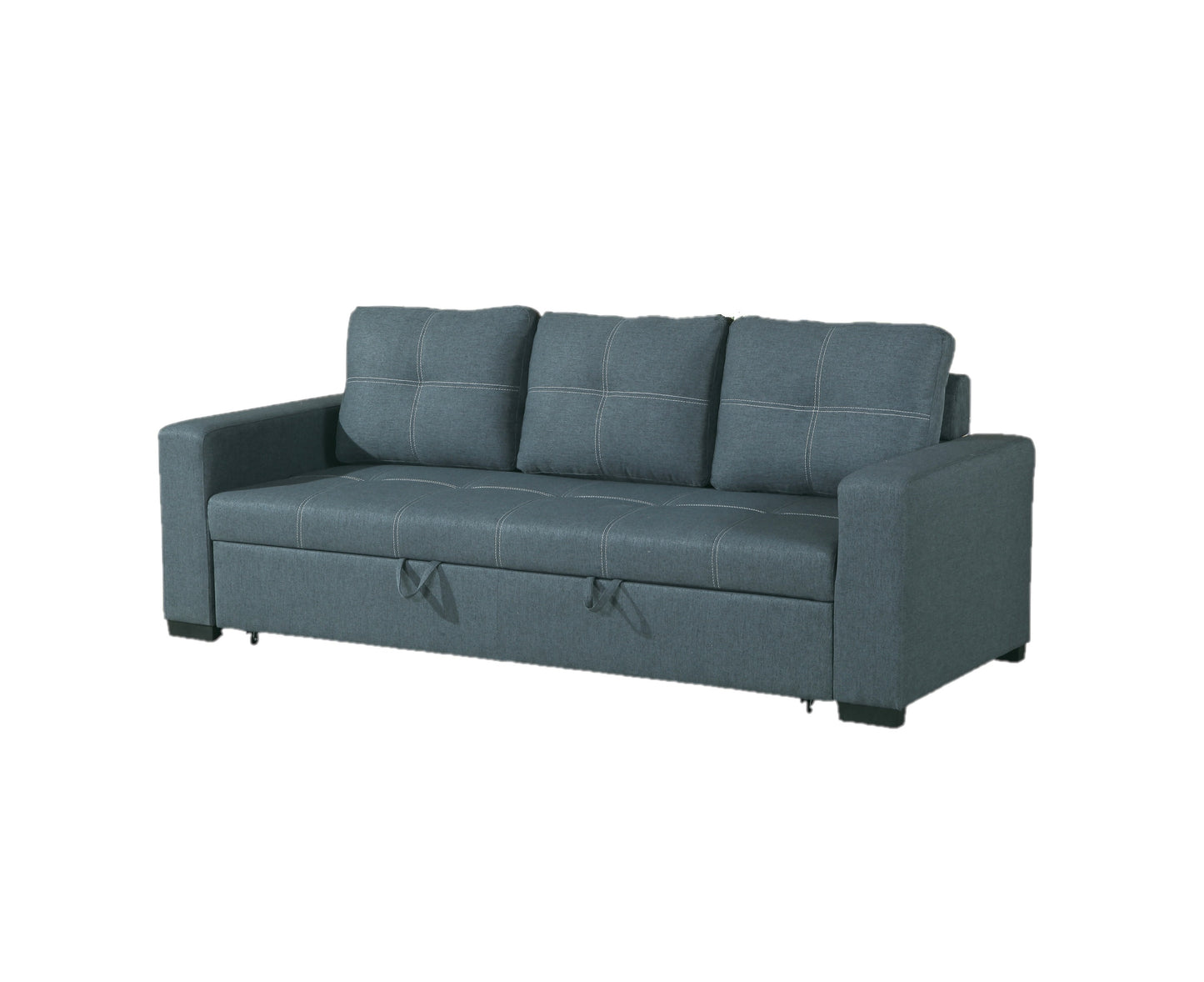 Grey fabric sofa bed with stitched cushions and pullout storage