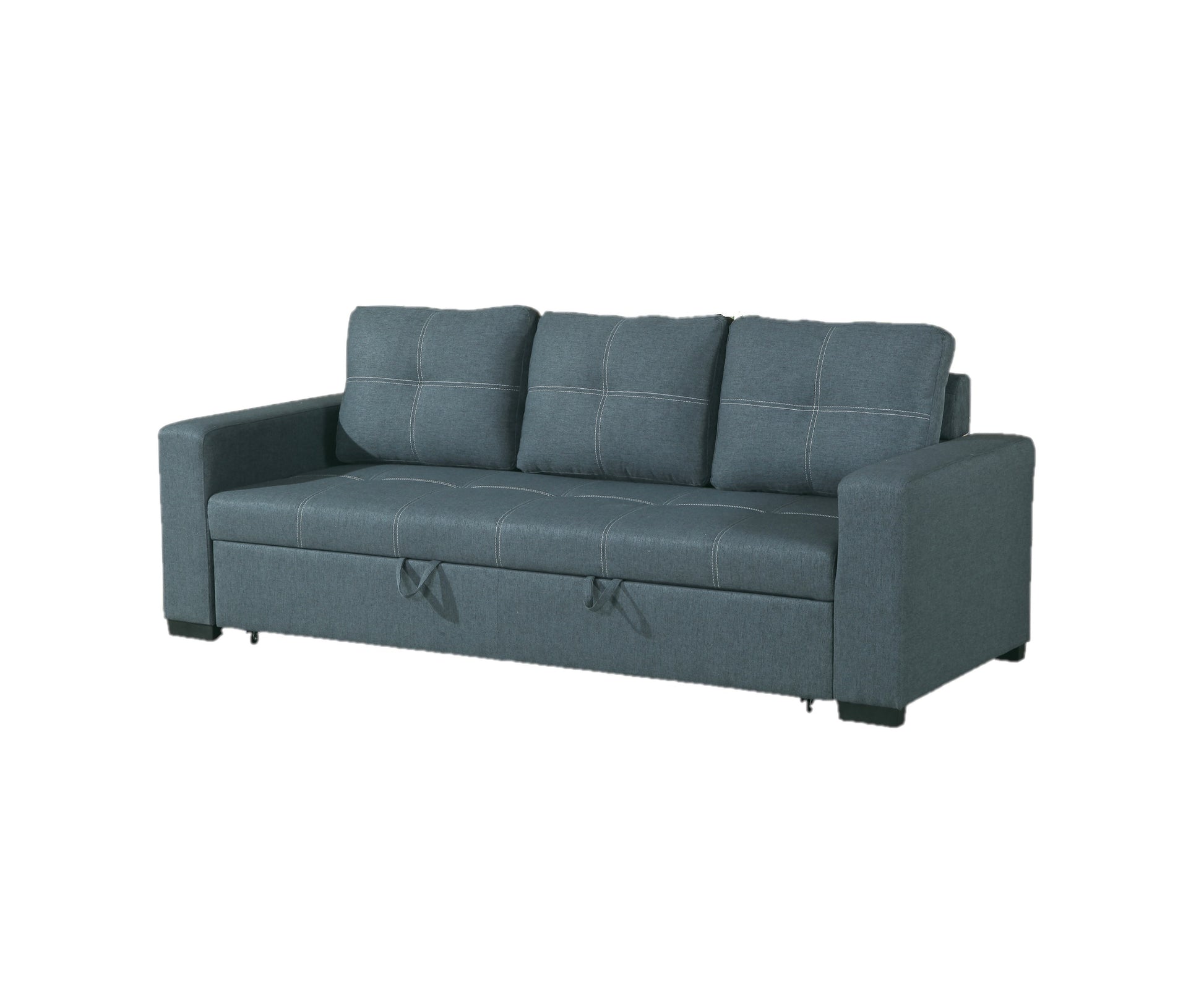 Grey fabric sofa bed with stitched cushions and pullout storage