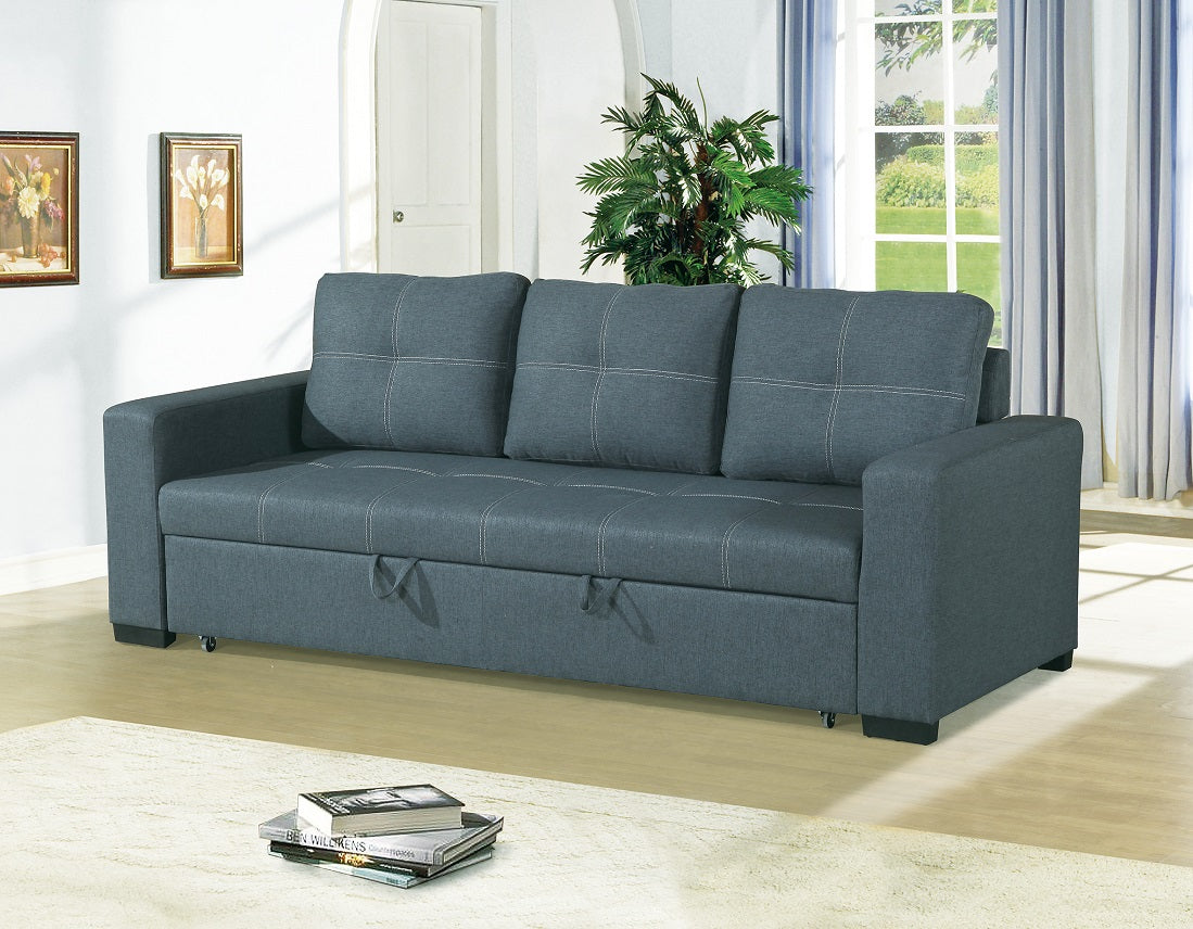 Dark gray upholstered sofa bed with white stitching and modern design