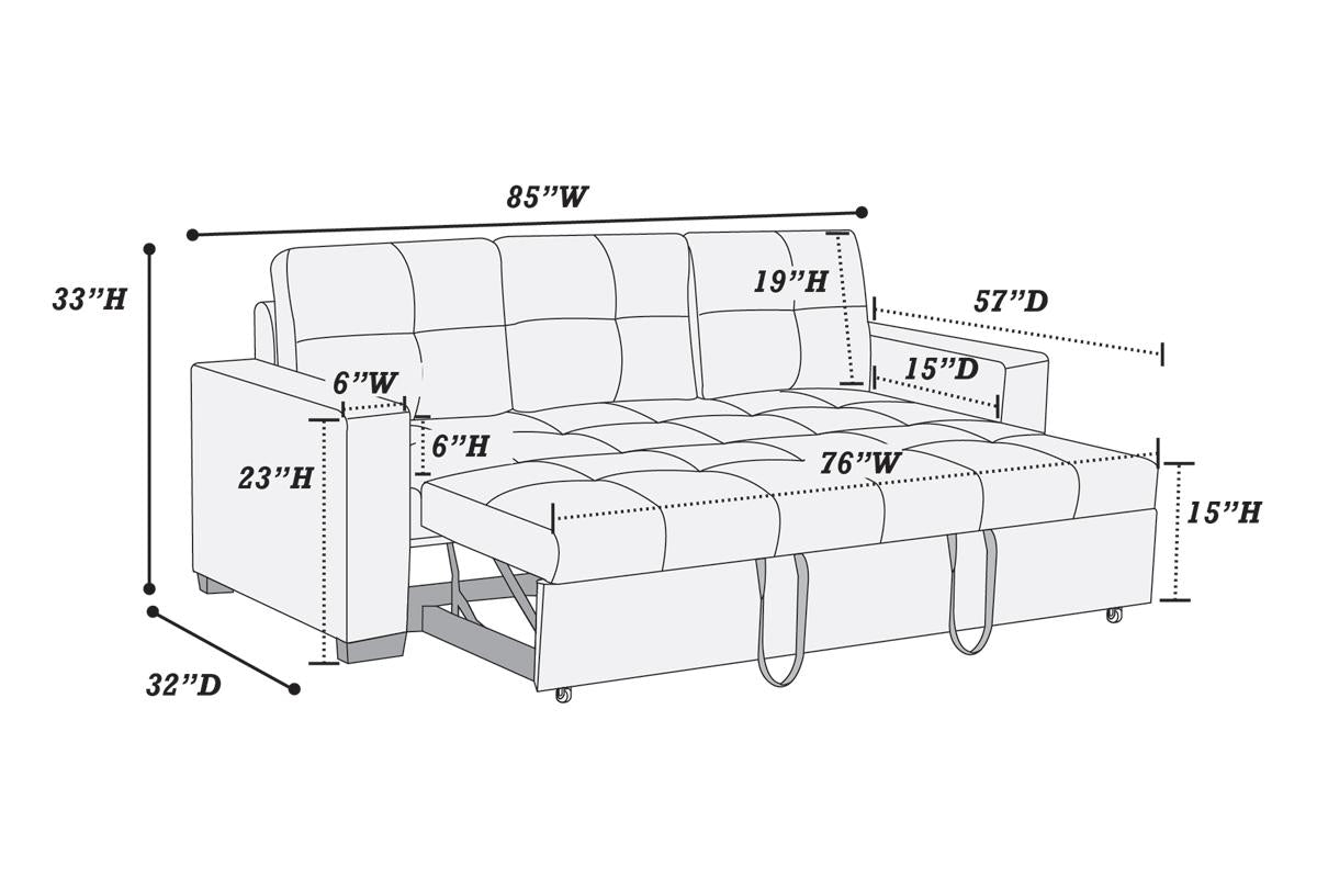 Diagram of a gray futon sofa with dimensions indicating W H and D